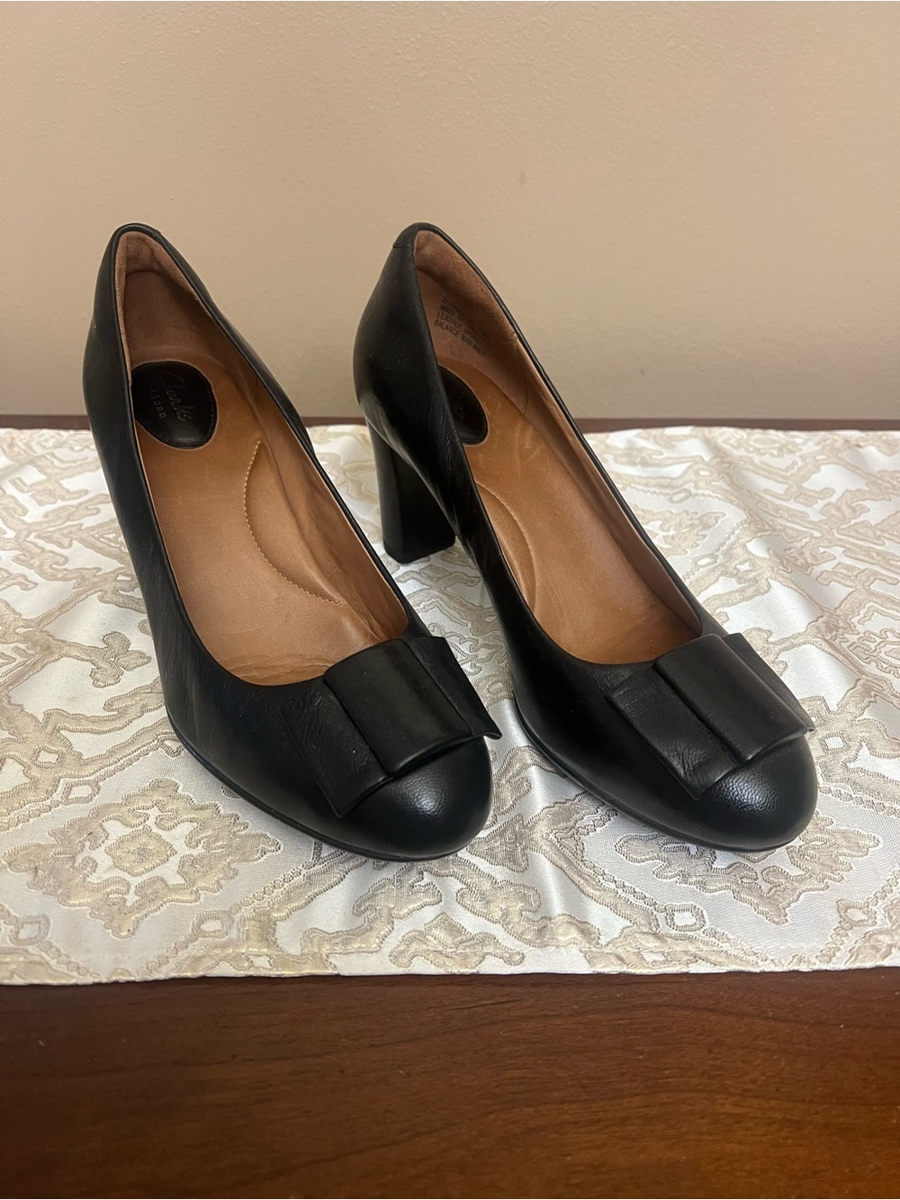 Clarks Black Leather Block Heel Pumps with Front Bow